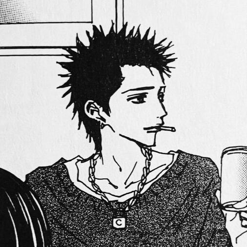 Ren Honjo, of the manga Nana, is looking to the side with a cigarette in his mouth. he is sporting his characteristic spikey black hair and a locket engraved with a 'C' on a chain around his neck.